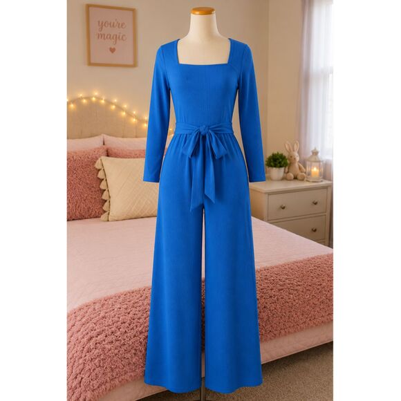 LoopBoho Pants - LOOP BOHO Women's Wide Leg Jumpsuit Blue Long Sleeve Belted Romper With Pockets
